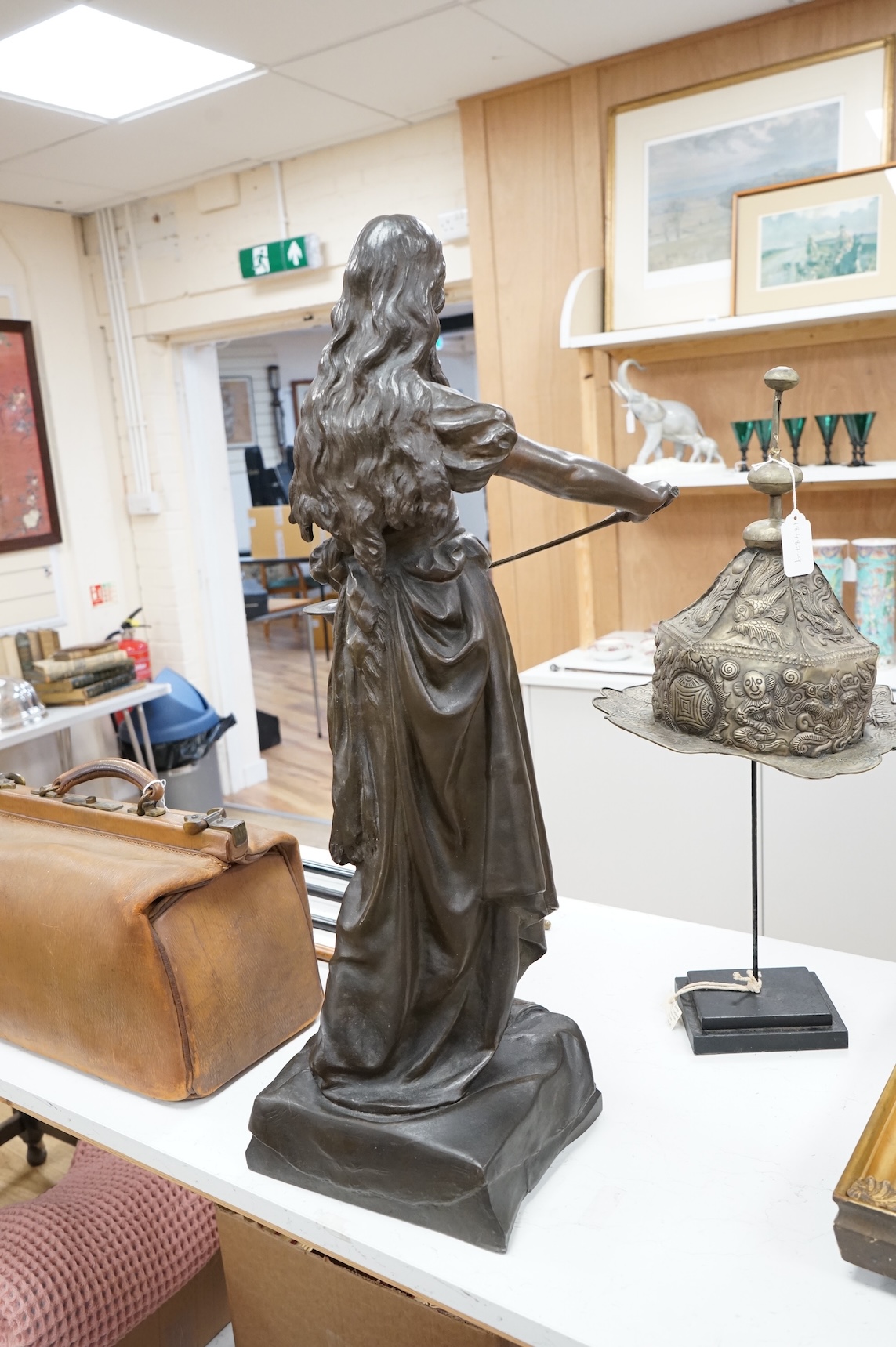 A large French patinated spelter figure of Salome, late 19th century, 75cm high